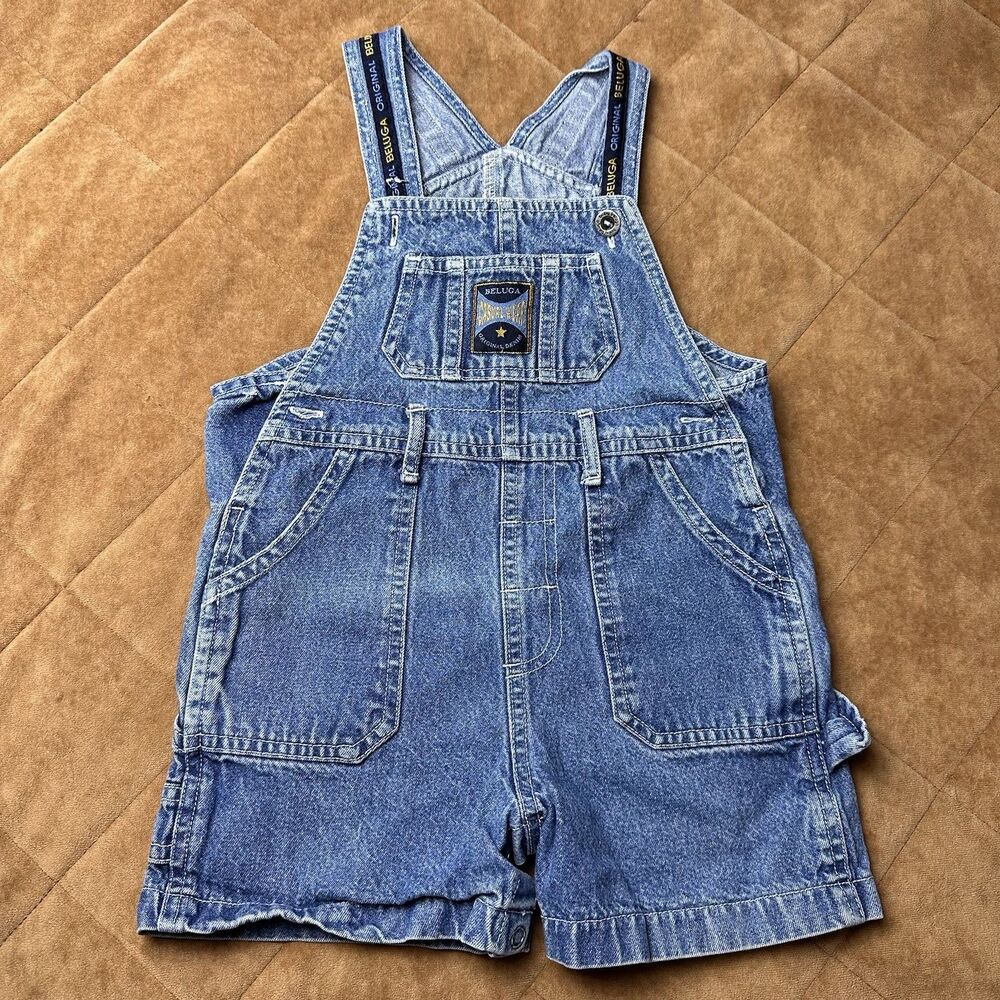 Vintage 90s Beluga Original Denim Shortalls Baby 24 Months Overalls Snap READ